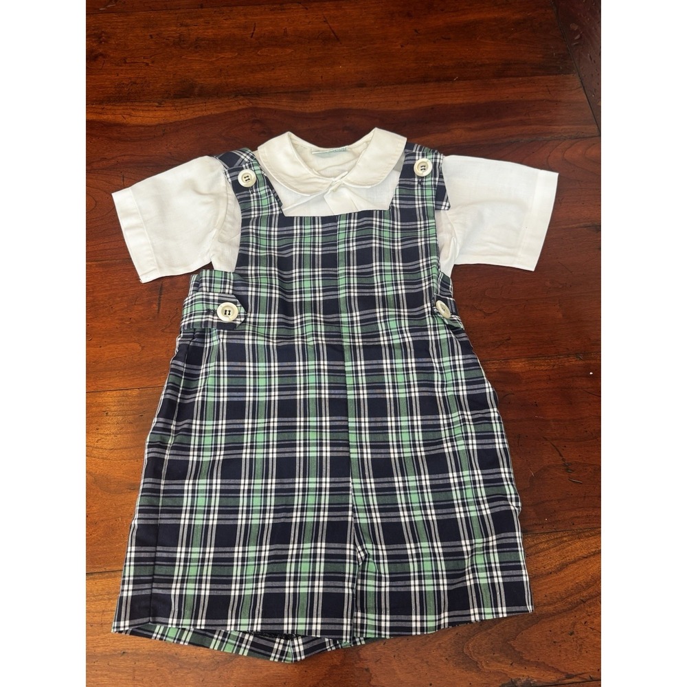 Jack Tar Boys 2T Blue Green Plaid Jon Jon Romper w/h Matching White Button Down